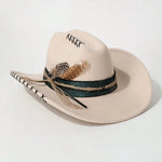 Beige Feather Distressed wide-brim cowboy hat with laced stitching and jute twine tie detail