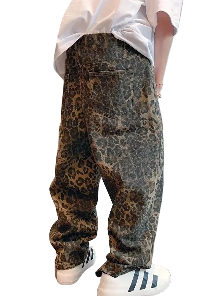 Beige Leopard print baggy wide-leg jeans, front view