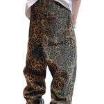 Beige Leopard print baggy wide-leg jeans, front view