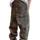 Beige Leopard print baggy wide-leg jeans, front view