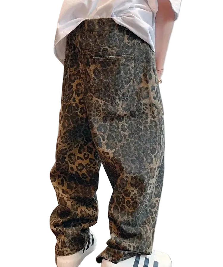 Beige Leopard print baggy wide-leg jeans, front view