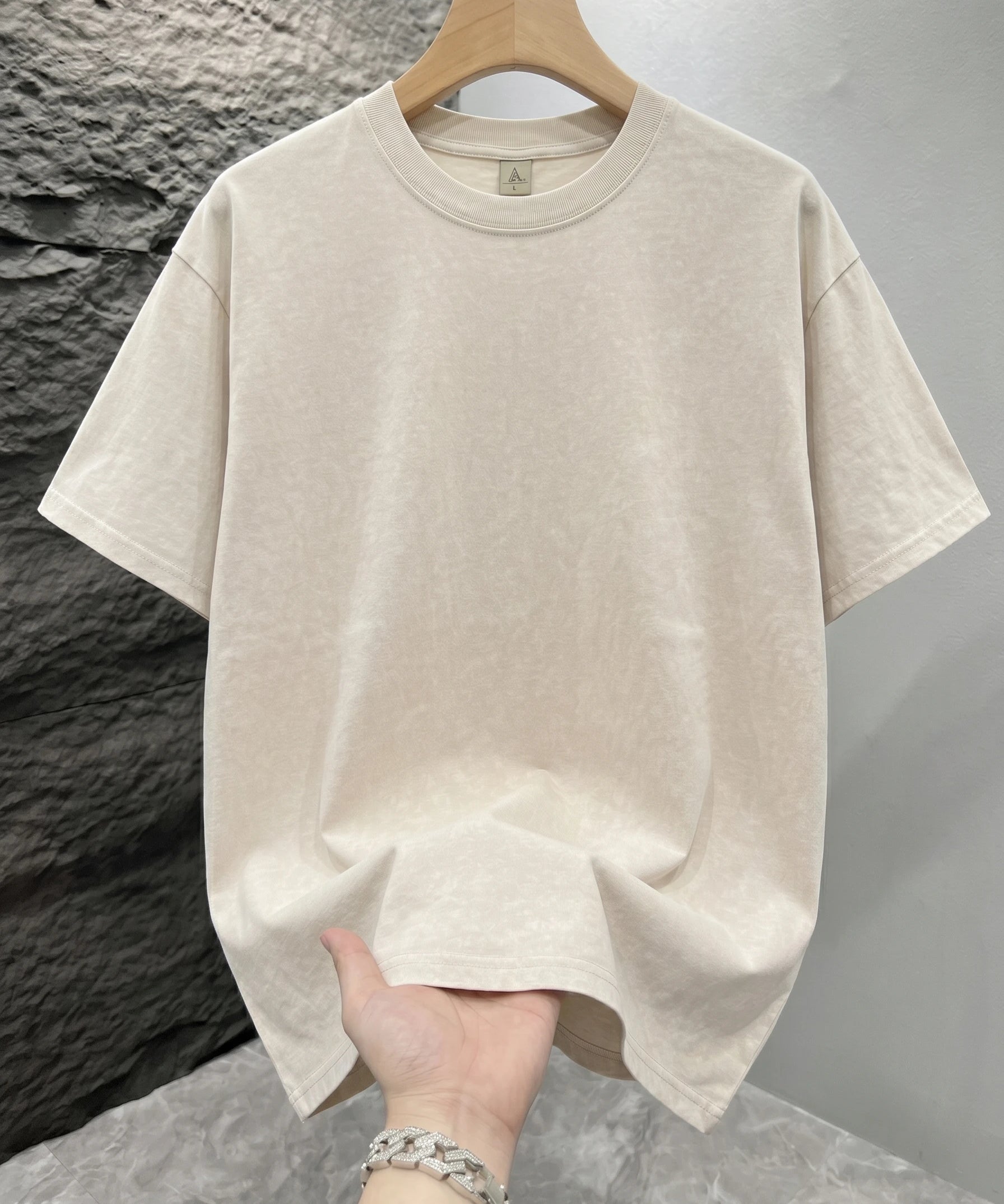 Beige Mineral washed oversized graphic tee, lifestyle shot 5