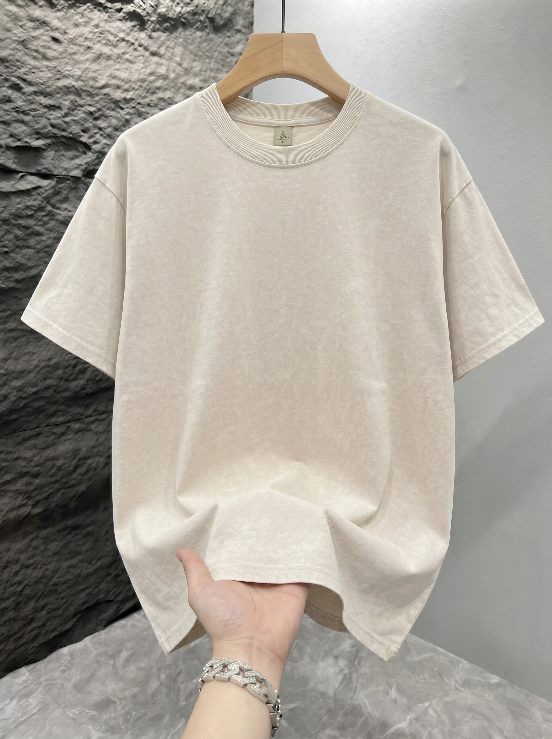 Beige Mineral washed oversized graphic tee, lifestyle shot 5