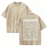 Beige Oversized vintage wash topographic graphic tee — front view