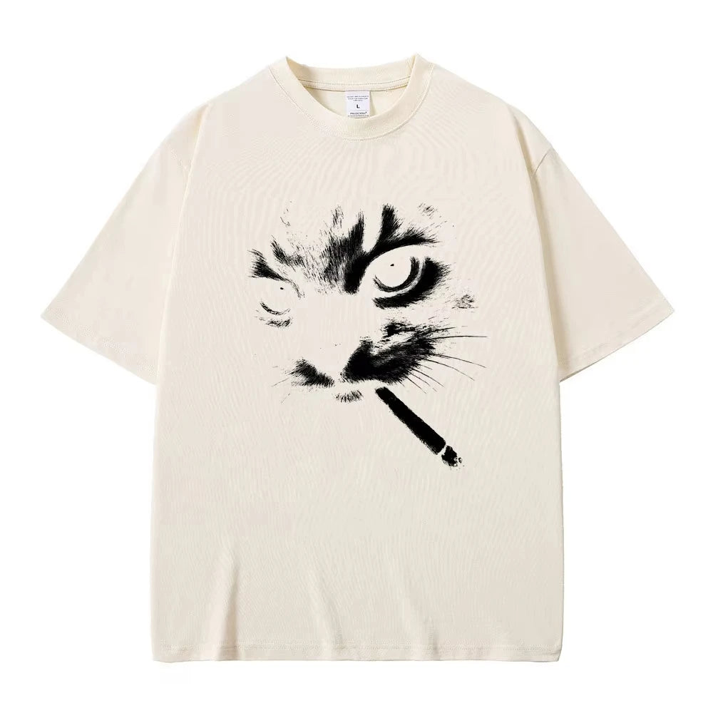 Beige Model wearing smoking cat graphic tee — on-body front view