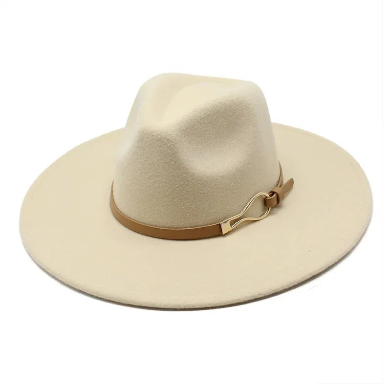 Beige Wide-brim fedora hat worn, angled lifestyle view