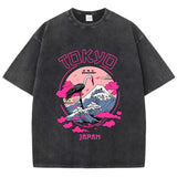 Black Women's acid wash distressed cartoon graphic tee, front view