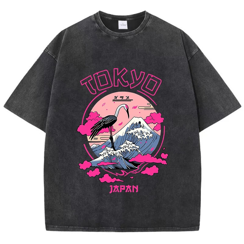 Black Women's acid wash distressed cartoon graphic tee, front view