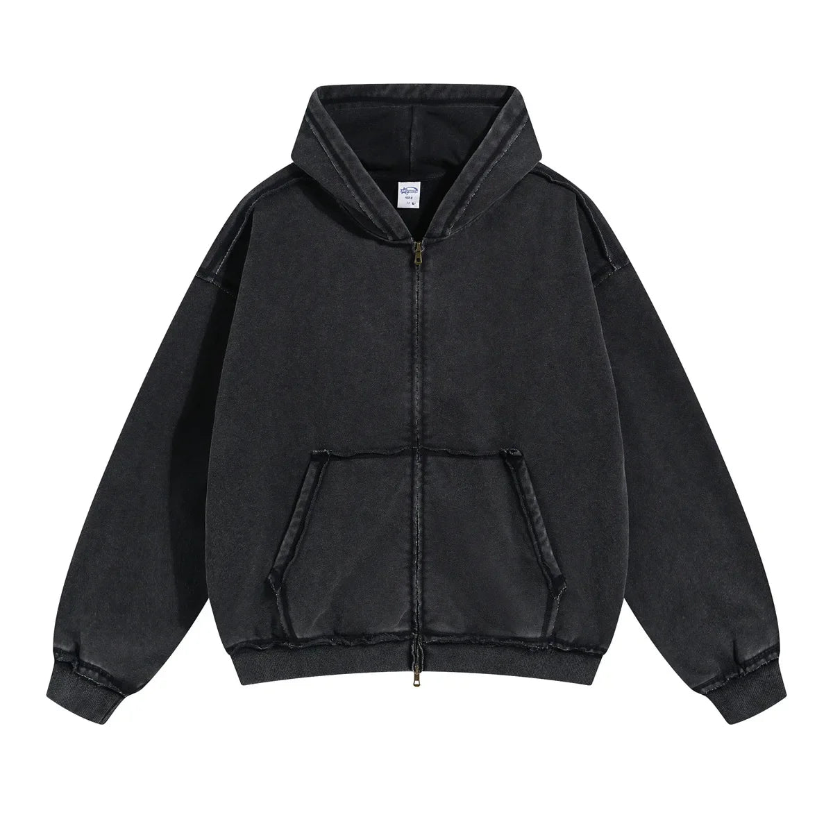 Black Acid wash zip-up hoodie, hood detail