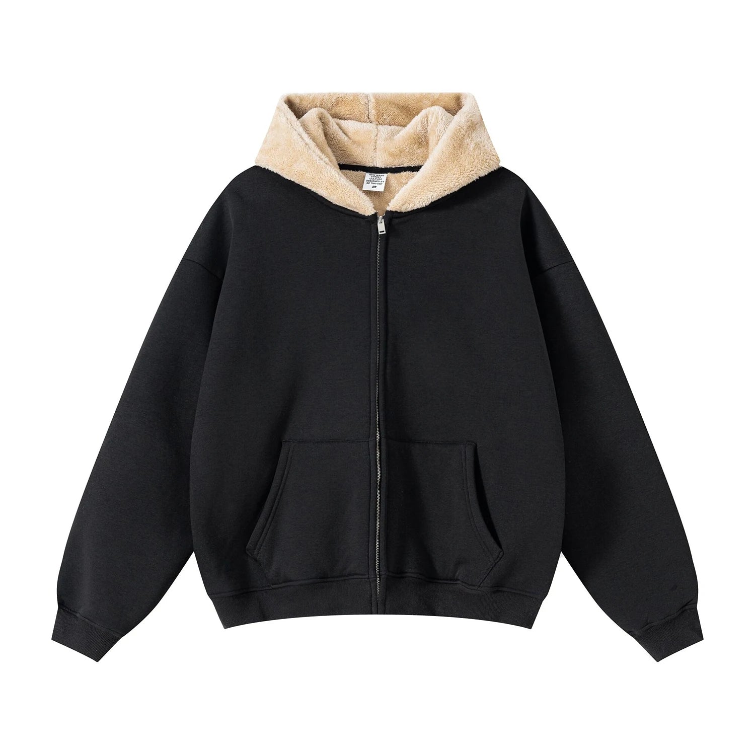 Black hoodie with beige fleece lining on a white background