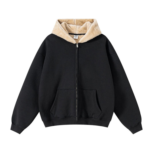 Black hoodie with beige fleece lining on a white background