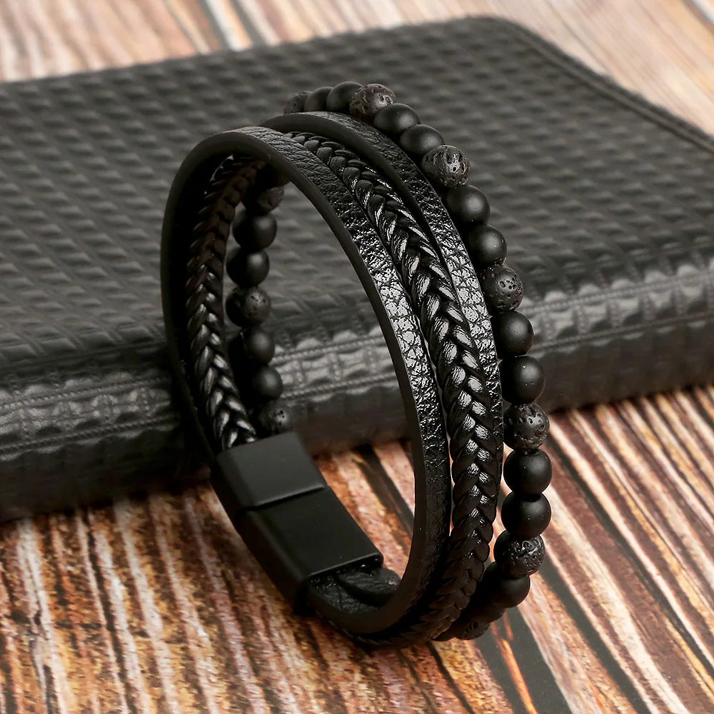 Black Beads Beaded leather layered bracelet on model