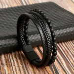 Black Beads Beaded leather layered bracelet on model
