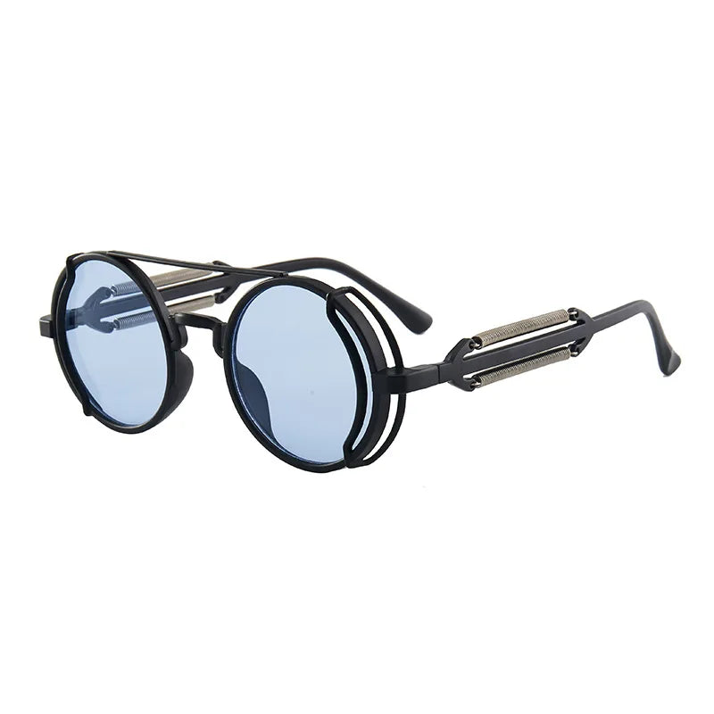 Round sunglasses with metallic frame and blue lenses on a white background