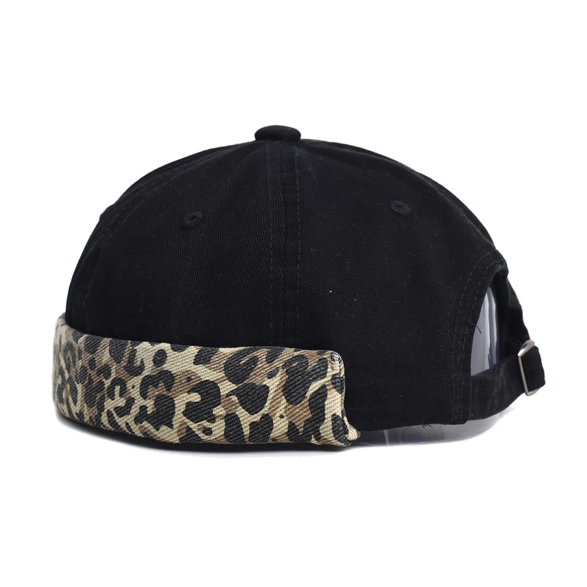 Black cap with leopard print strap on a white background