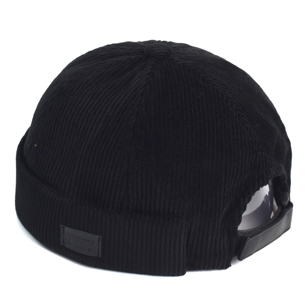 Black Corduroy brimless skullcap worn, side view