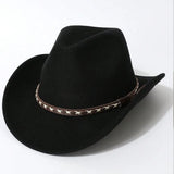 Black Cowboy Distressed wide-brim cowboy hat worn, front-facing view