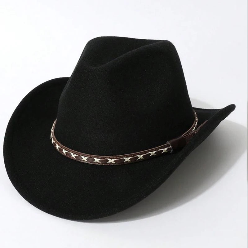 Black Cowboy Distressed wide-brim cowboy hat worn, front-facing view