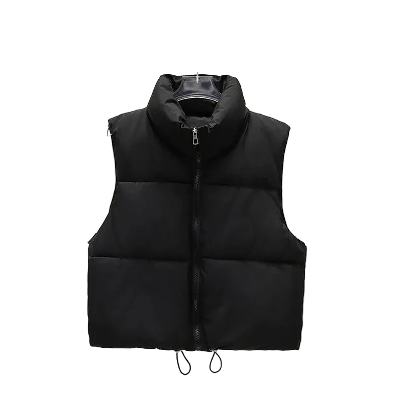 Black Cropped quilted puffer vest worn — side view
