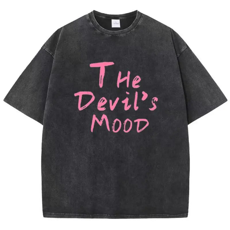 Black Devil's Mood washed oversized graphic tee — flat lay showing distressed print and crew neck