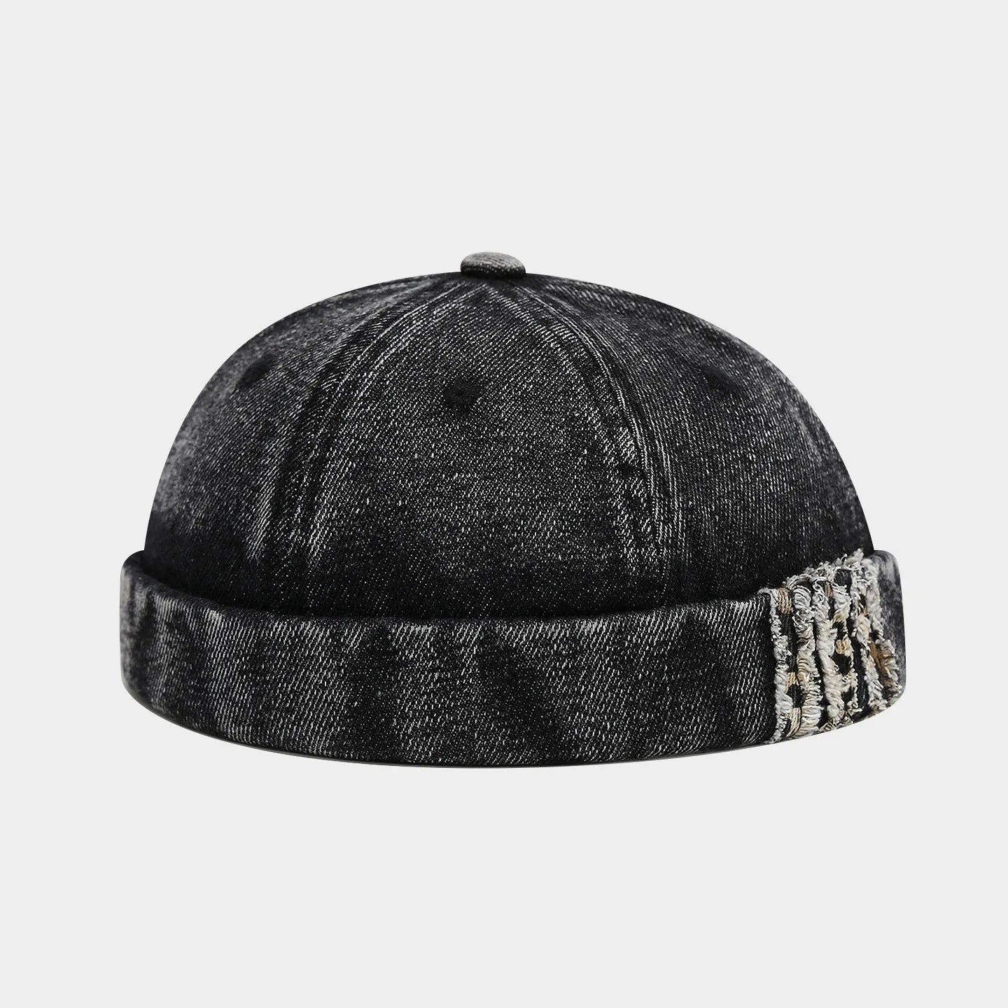 Black Distressed denim docker cap worn, angled view