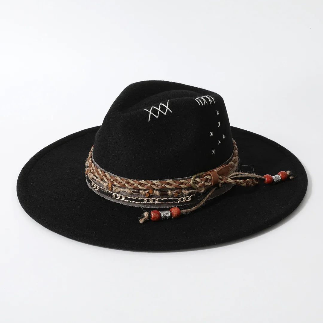 Black Distressed wide-brim cowboy hat in alternate colorway, side view