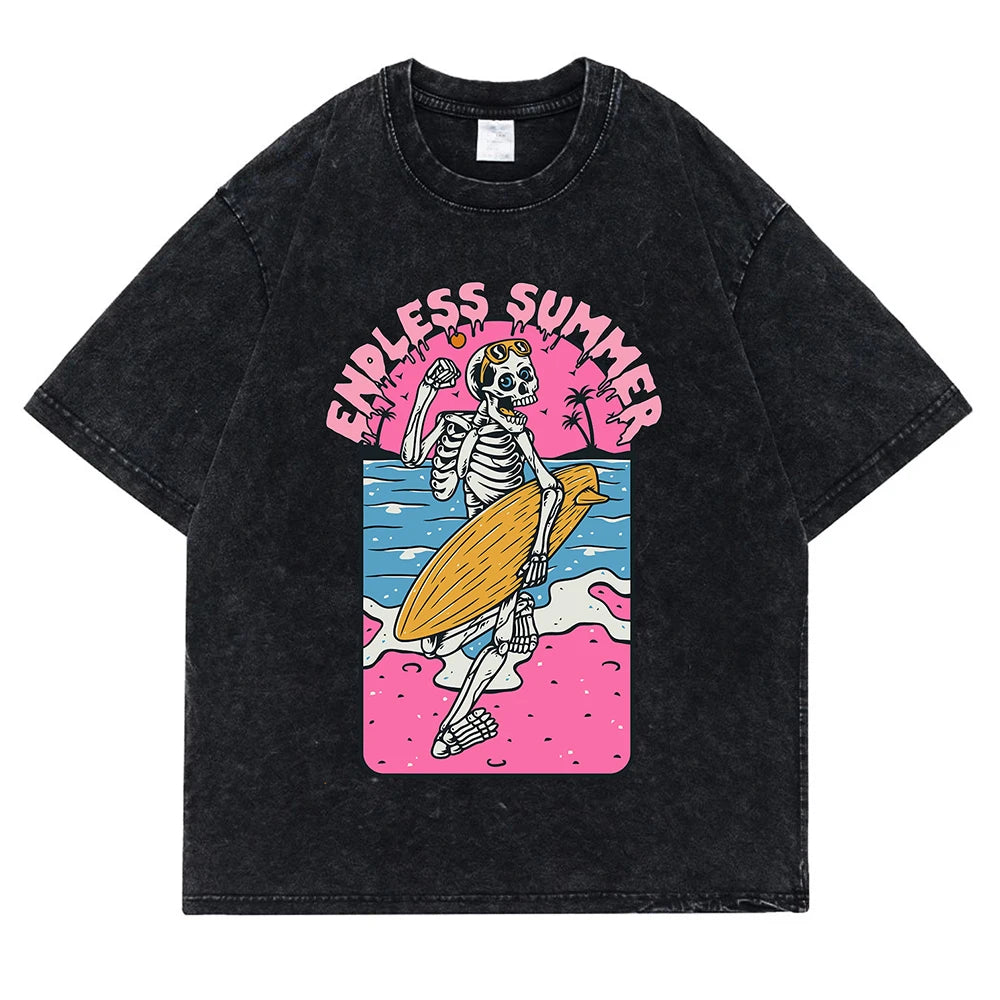 Black Model wearing Endless Summer Skeleton graphic tee — crew neck, short sleeve, vintage fit