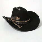 Black Feather Distressed wide-brim cowboy hat with laced stitching and jute twine tie detail