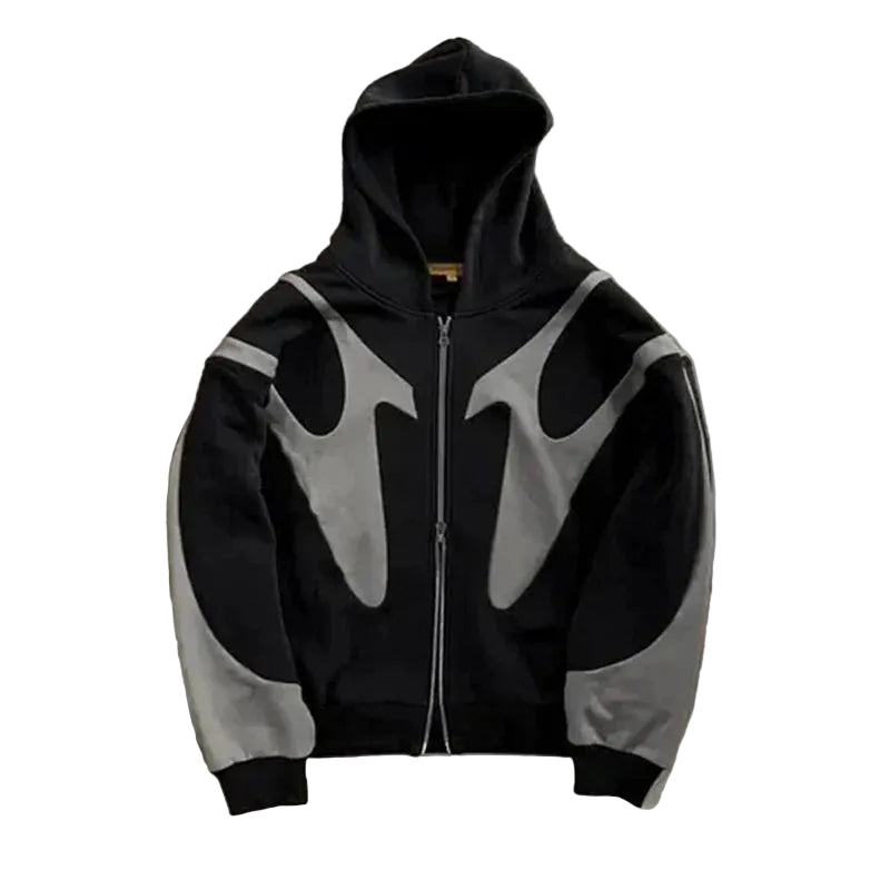 Black Flame panel oversized zip-up hoodie, worn back view