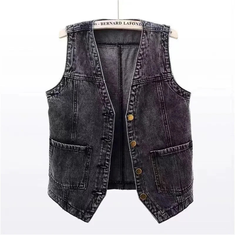 Black Gray Women's sleeveless denim vest jacket — flat lay