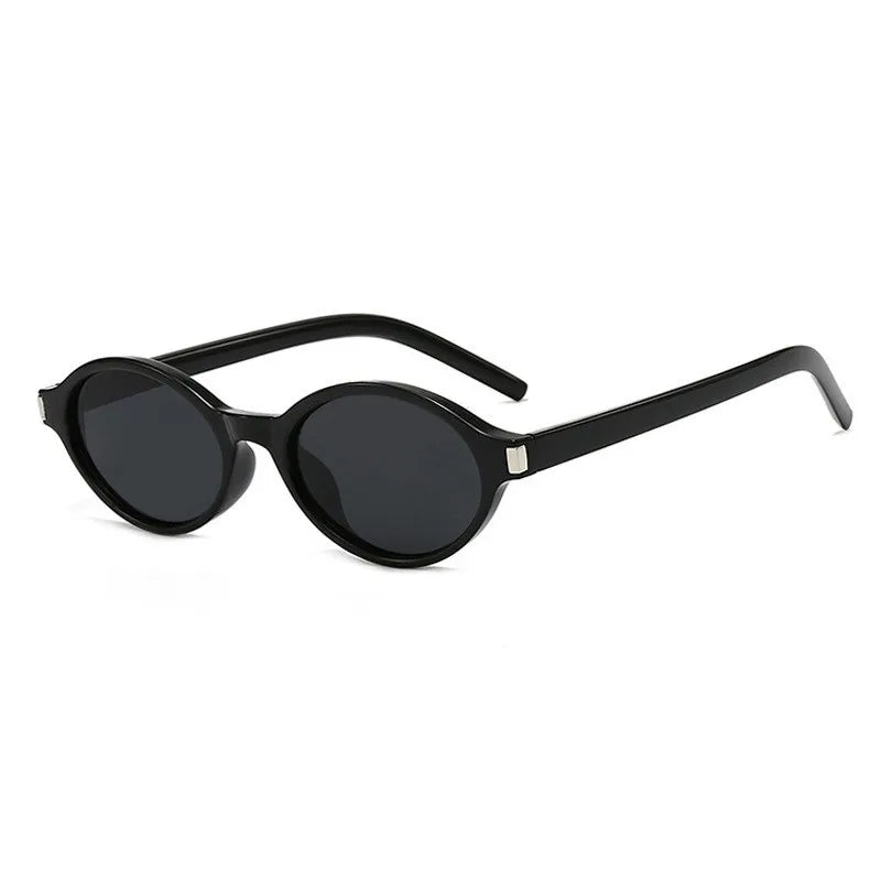 Black Gray Small oval sunglasses — close-up lens and frame detail