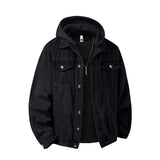 Black Men's oversized hooded denim jacket, lifestyle shot
