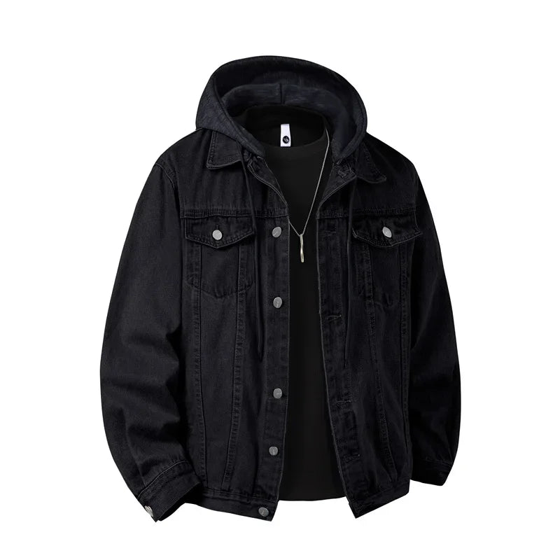 Black Men's oversized hooded denim jacket, lifestyle shot
