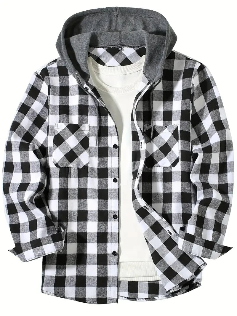 Black Hooded flannel shirt, back view