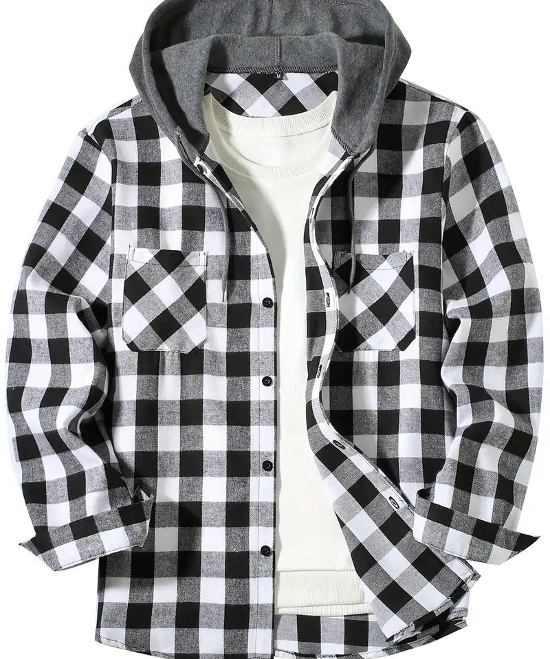 Black Hooded flannel shirt, back view