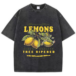 Black lemon graphic tee displayed across size range showing loose fit silhouette