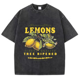 Black lemon graphic tee displayed across size range showing loose fit silhouette