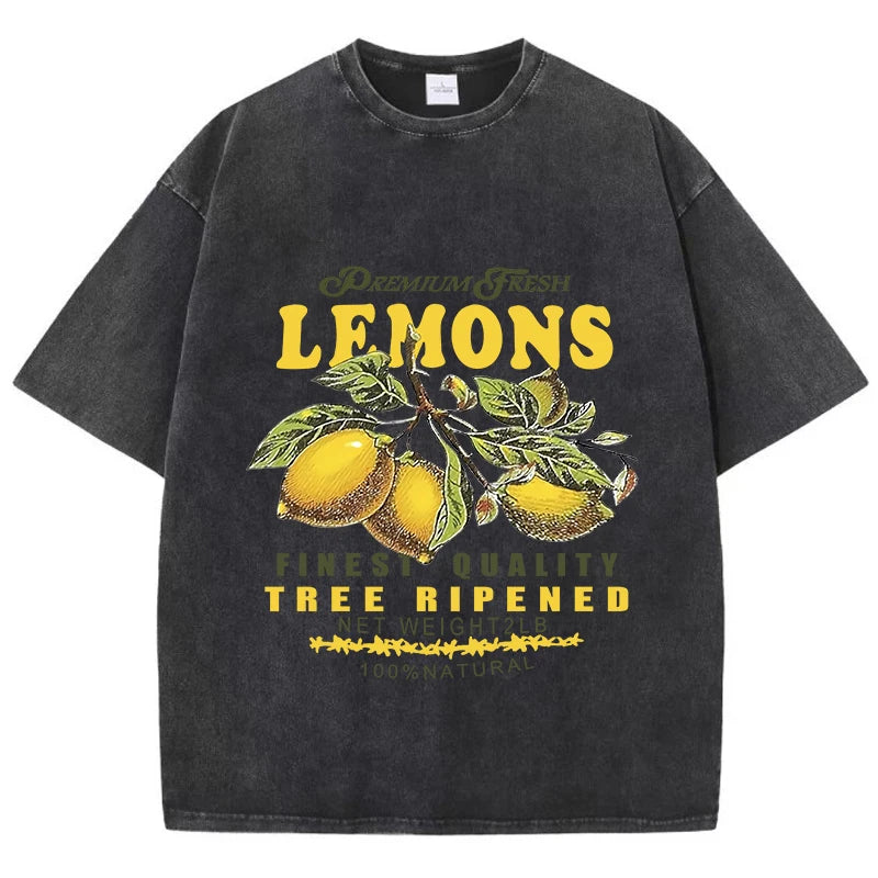 Black lemon graphic tee displayed across size range showing loose fit silhouette