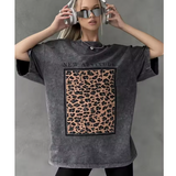 Leopard Panel Oversized Tee — Washed Vintage Graphic T-Shirt