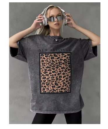 Leopard Panel Oversized Tee — Washed Vintage Graphic T-Shirt