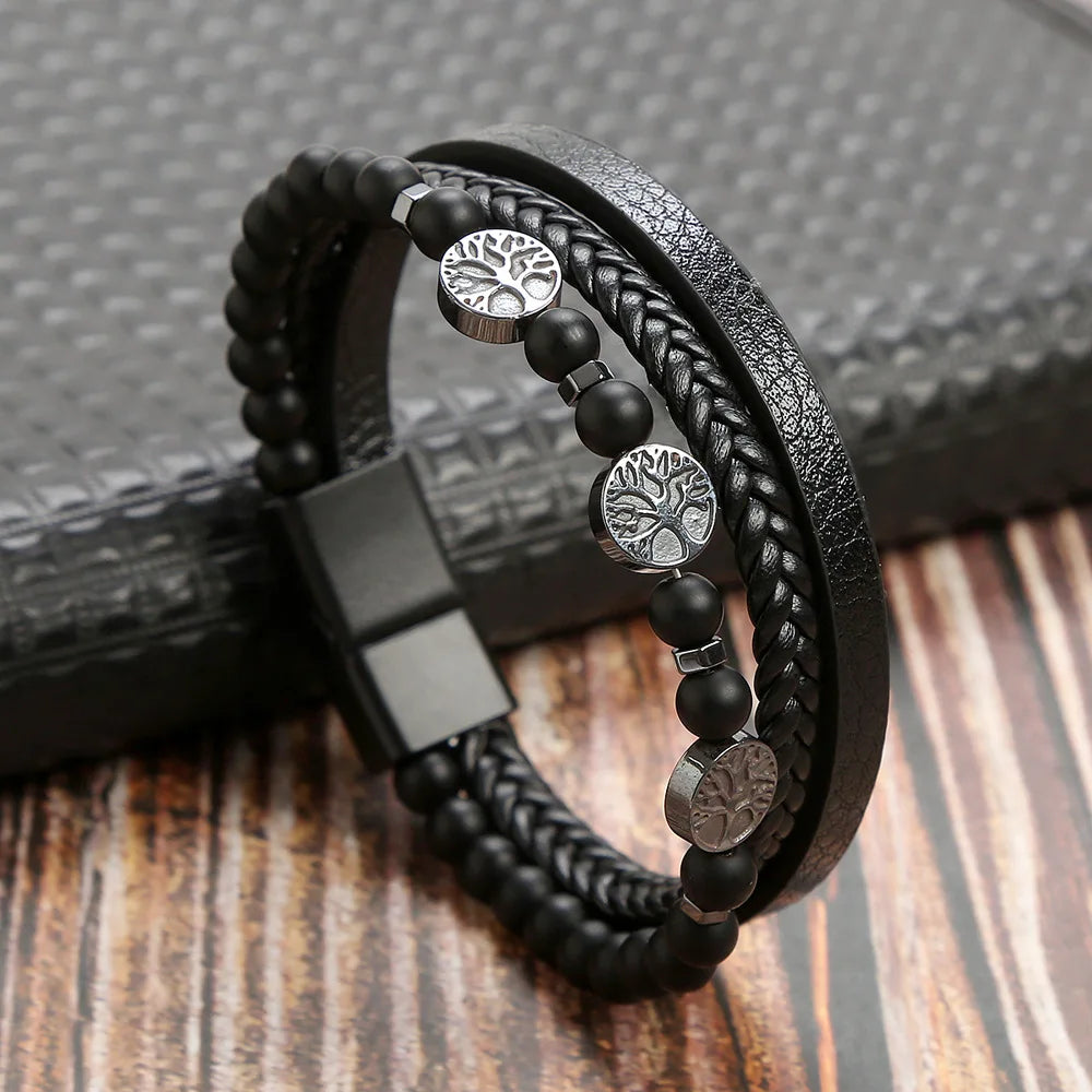 Black Life Tree Beaded leather layered bracelet displayed flat showing tree of life charms arrangement