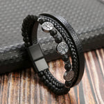 Black Life Tree Beaded leather layered bracelet displayed flat showing tree of life charms arrangement