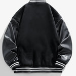 Black varsity jacket with white stripes on a light gray background