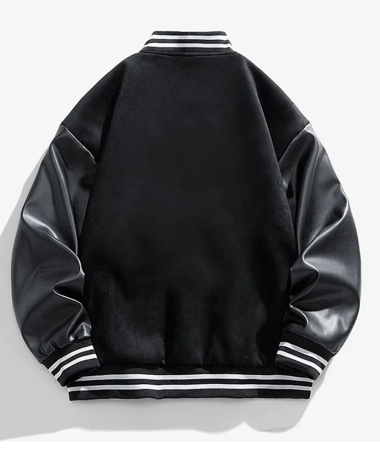 Black varsity jacket with white stripes on a light gray background