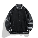 Black varsity jacket with leather sleeves on a white background