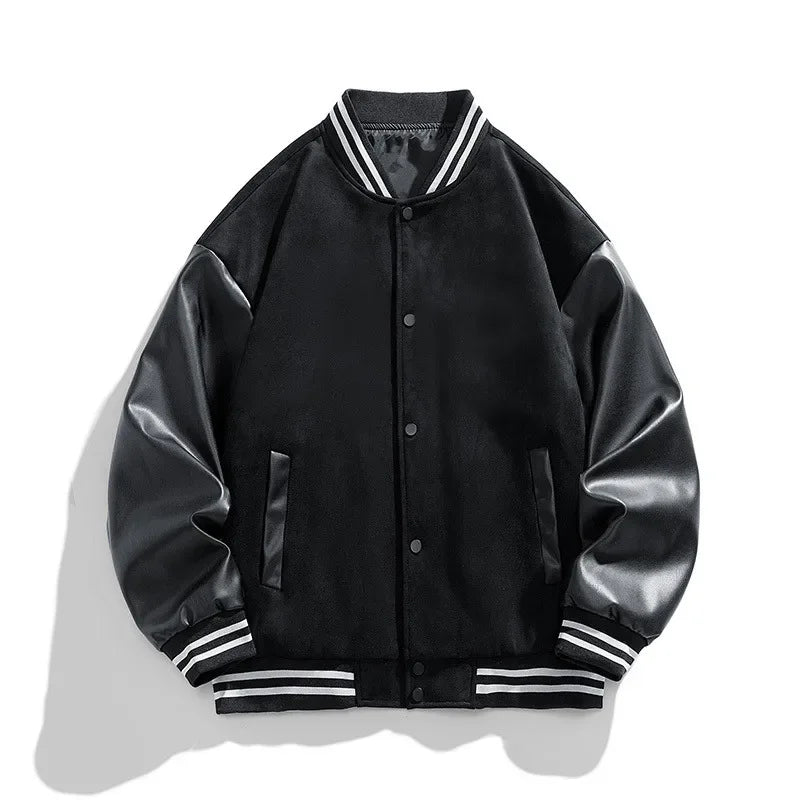 Black varsity jacket with leather sleeves on a white background