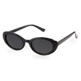 Black Oval sunglasses on model, side view