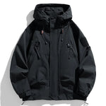 Black hooded jacket with multiple pockets on a white background