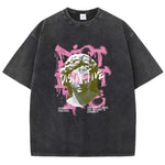 Black Women's oversized drop-shoulder graphic tee, front view, loose streetwear fit