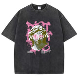 Black Women's oversized drop-shoulder graphic tee, front view, loose streetwear fit
